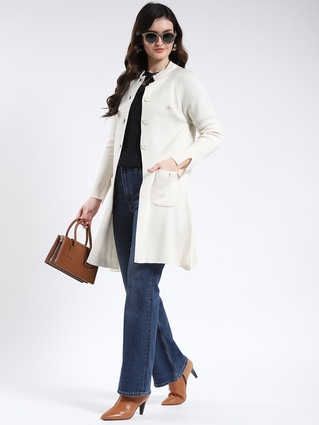 Women Cream Solid Band Neck Full Sleeve Cardigan