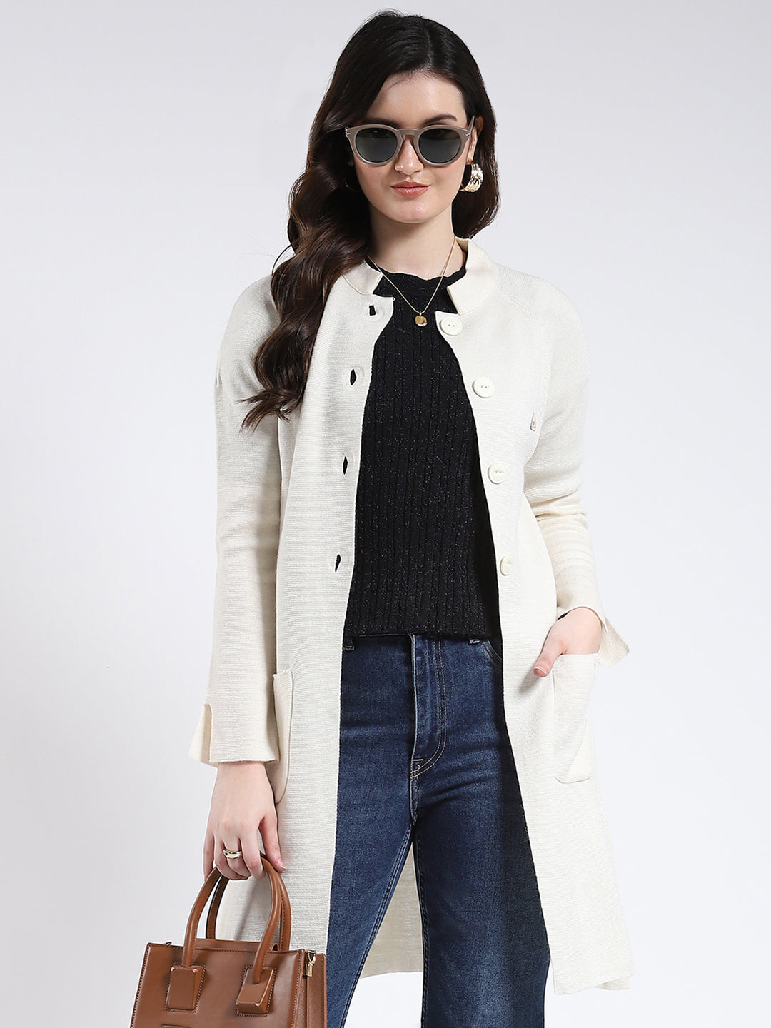 Women Cream Solid Band Neck Full Sleeve Cardigan