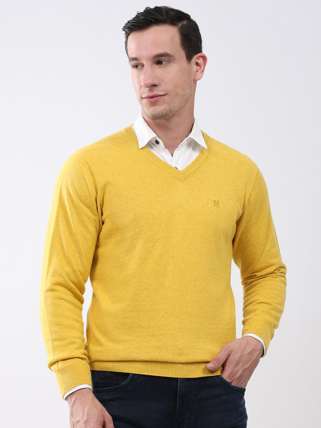 Men Yellow Solid V Neck Full Sleeve Pullover