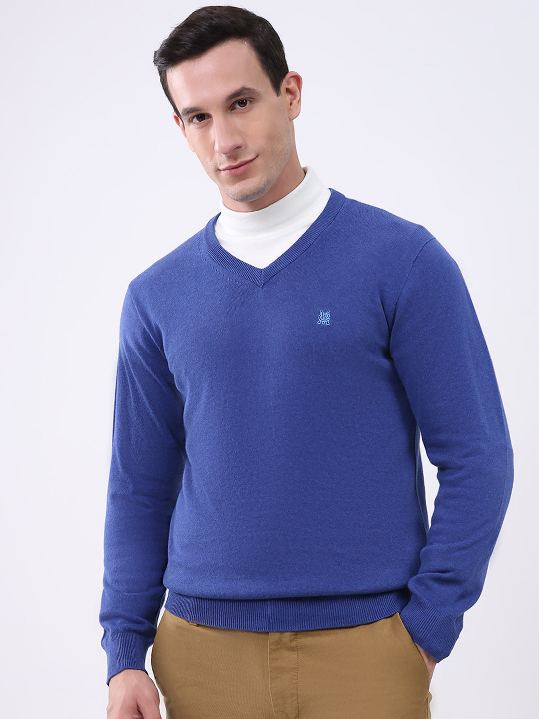 Men Blue Solid V Neck Full Sleeve Pullover