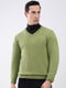 Men Green Solid V Neck Full Sleeve Pullover