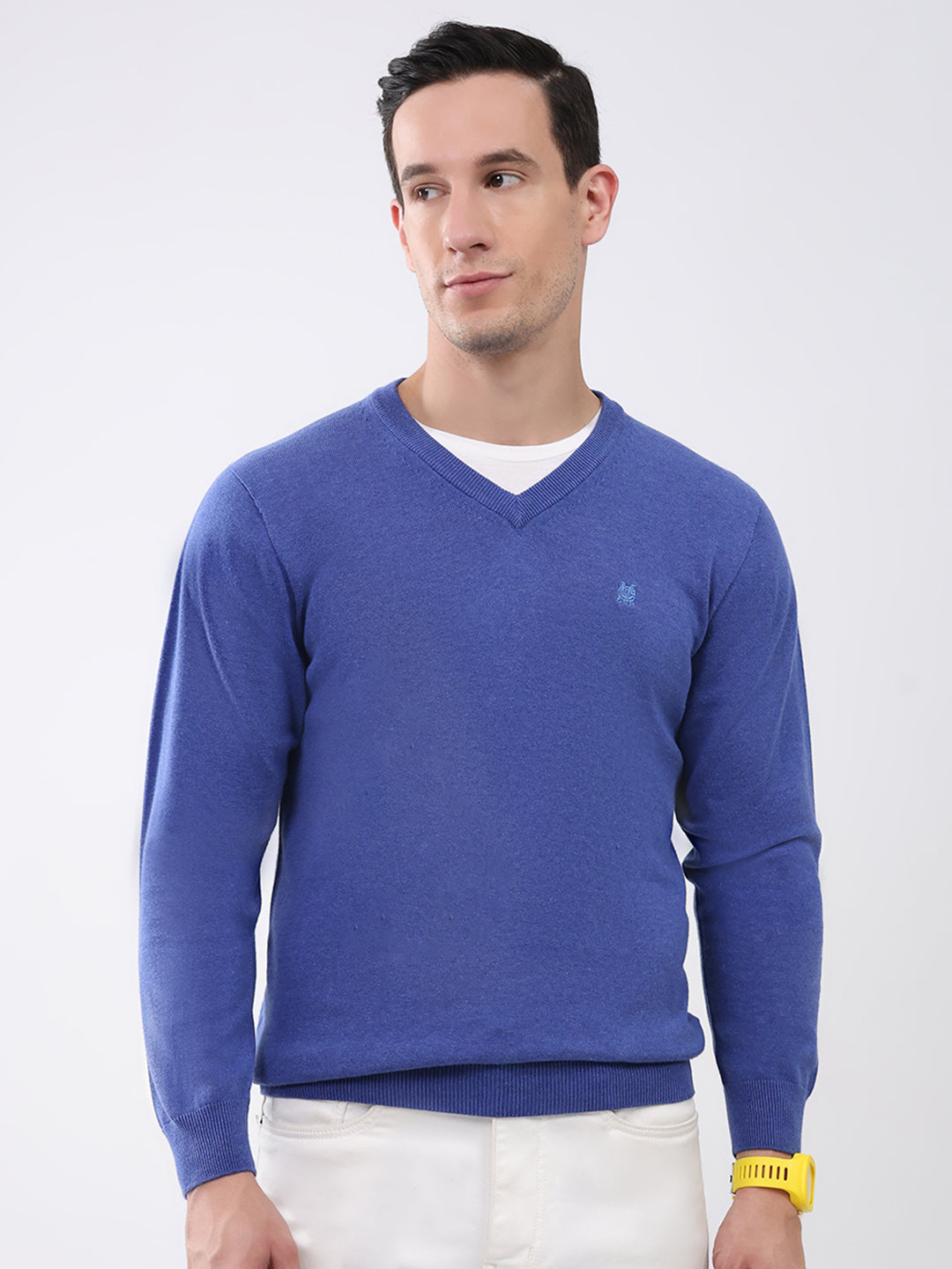 Men Blue Solid V Neck Full Sleeve Pullover