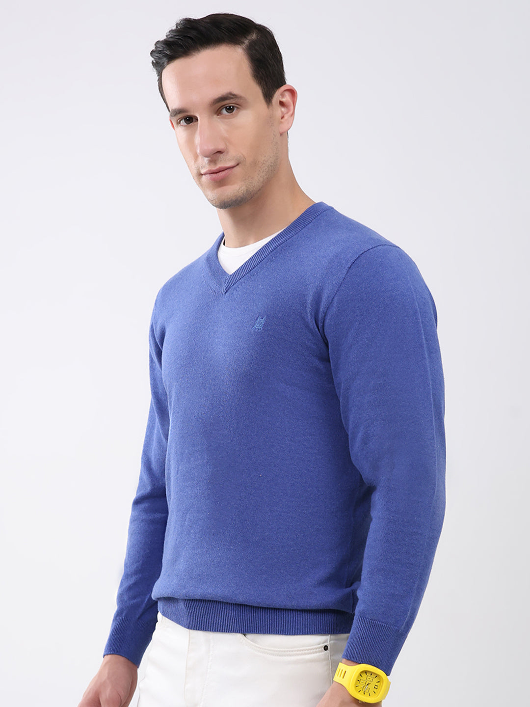 Men Blue Solid V Neck Full Sleeve Pullover