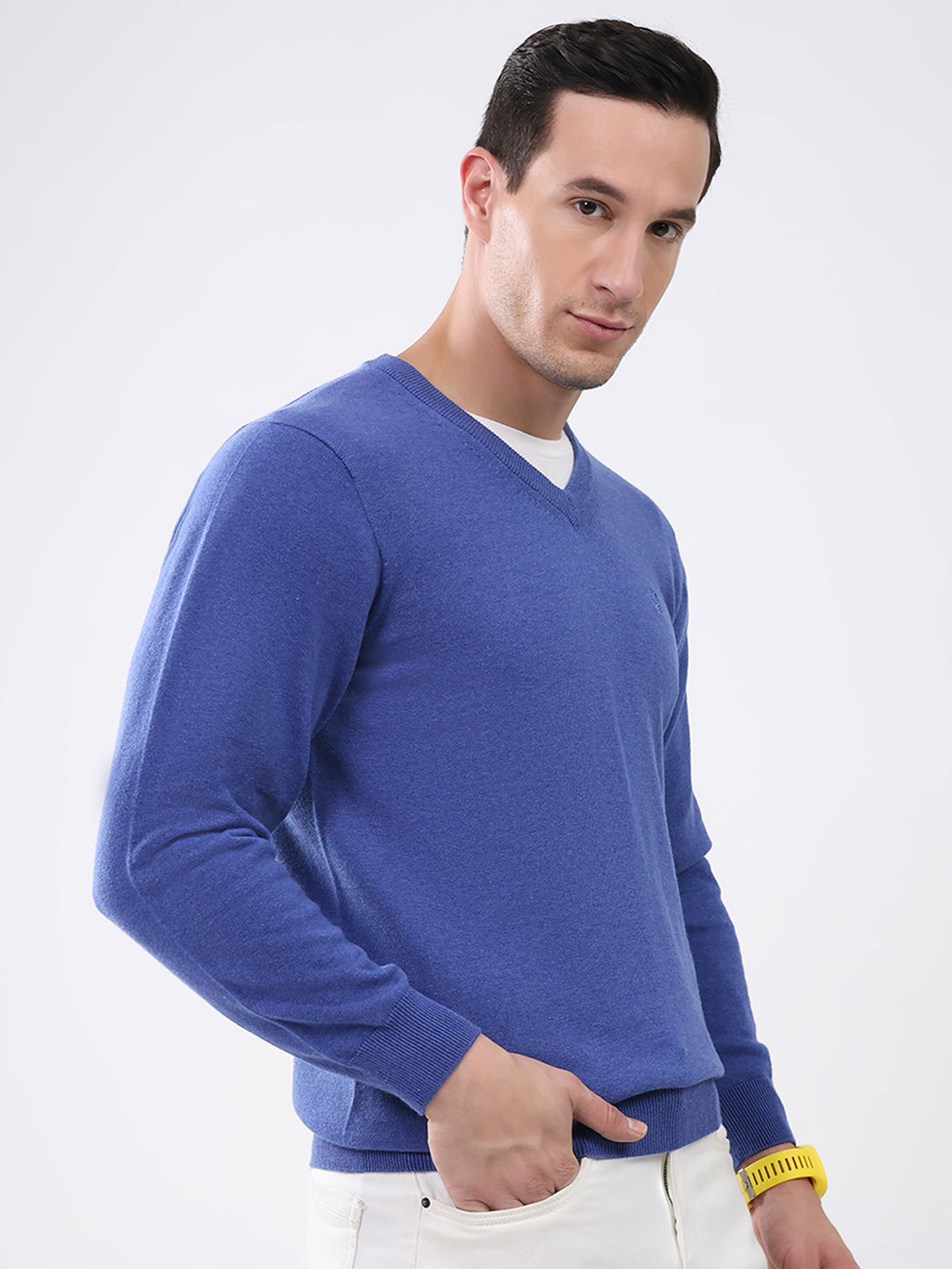 Men Blue Solid V Neck Full Sleeve Pullover