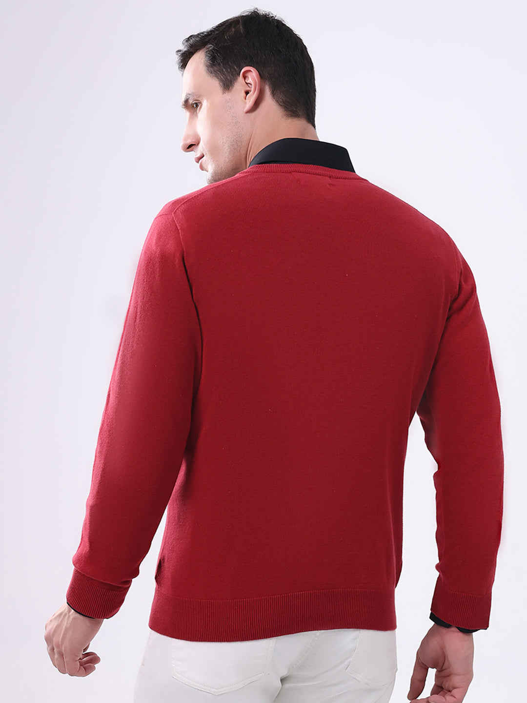 Men Maroon Solid V Neck Full Sleeve Pullover