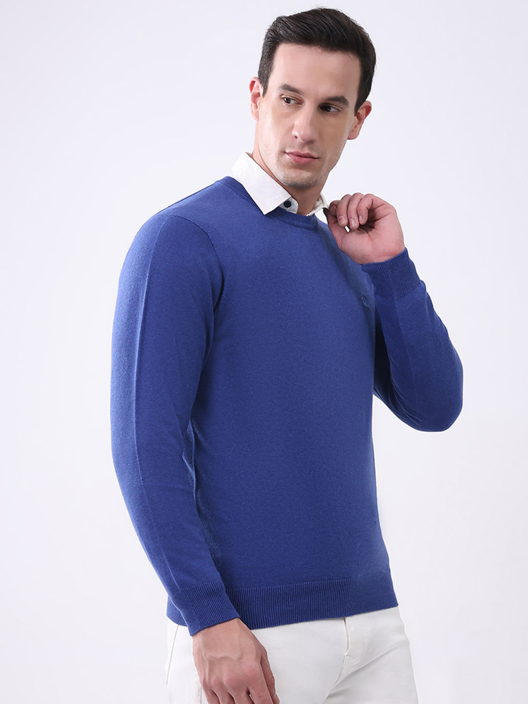 Men Blue Solid Round Neck Full Sleeve Pullover