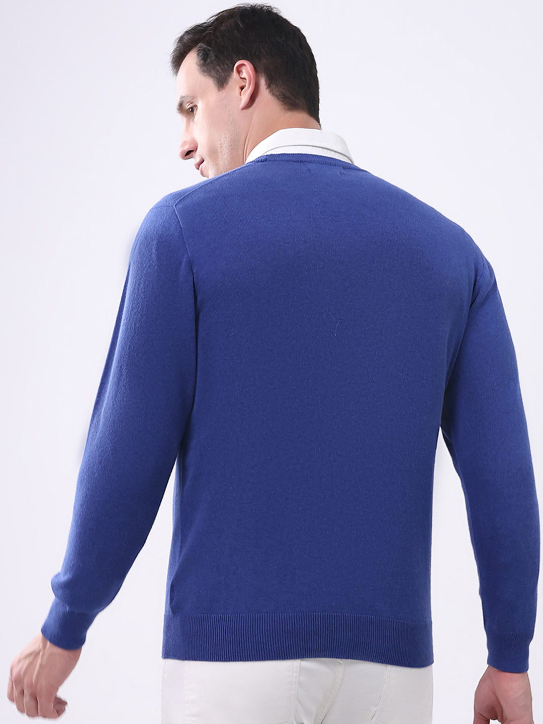 Men Blue Solid Round Neck Full Sleeve Pullover