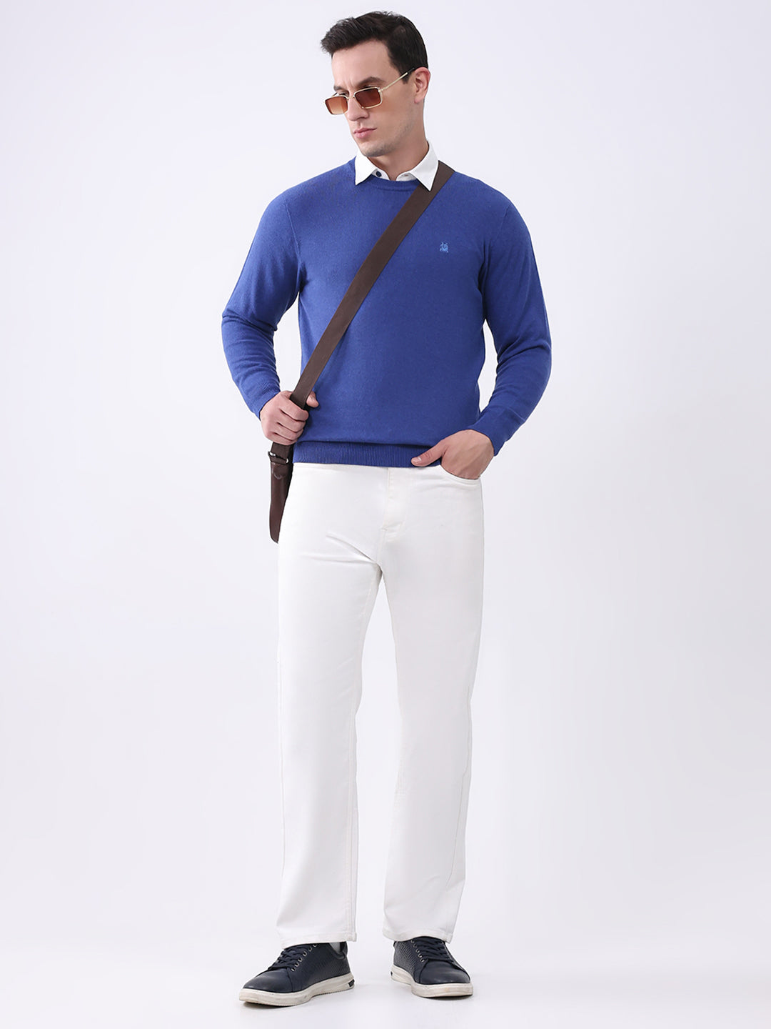 Men Blue Solid Round Neck Full Sleeve Pullover