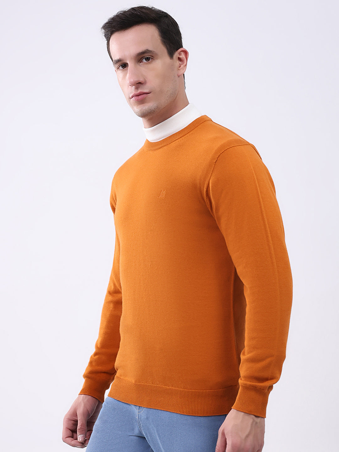 Men Mustard Solid Round Neck Full Sleeve Pullover