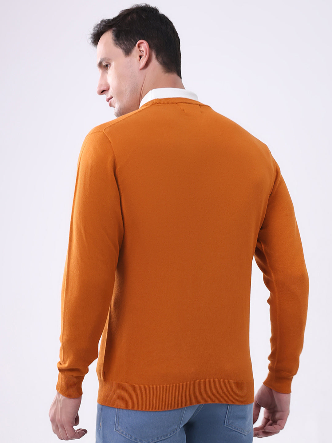 Men Mustard Solid Round Neck Full Sleeve Pullover