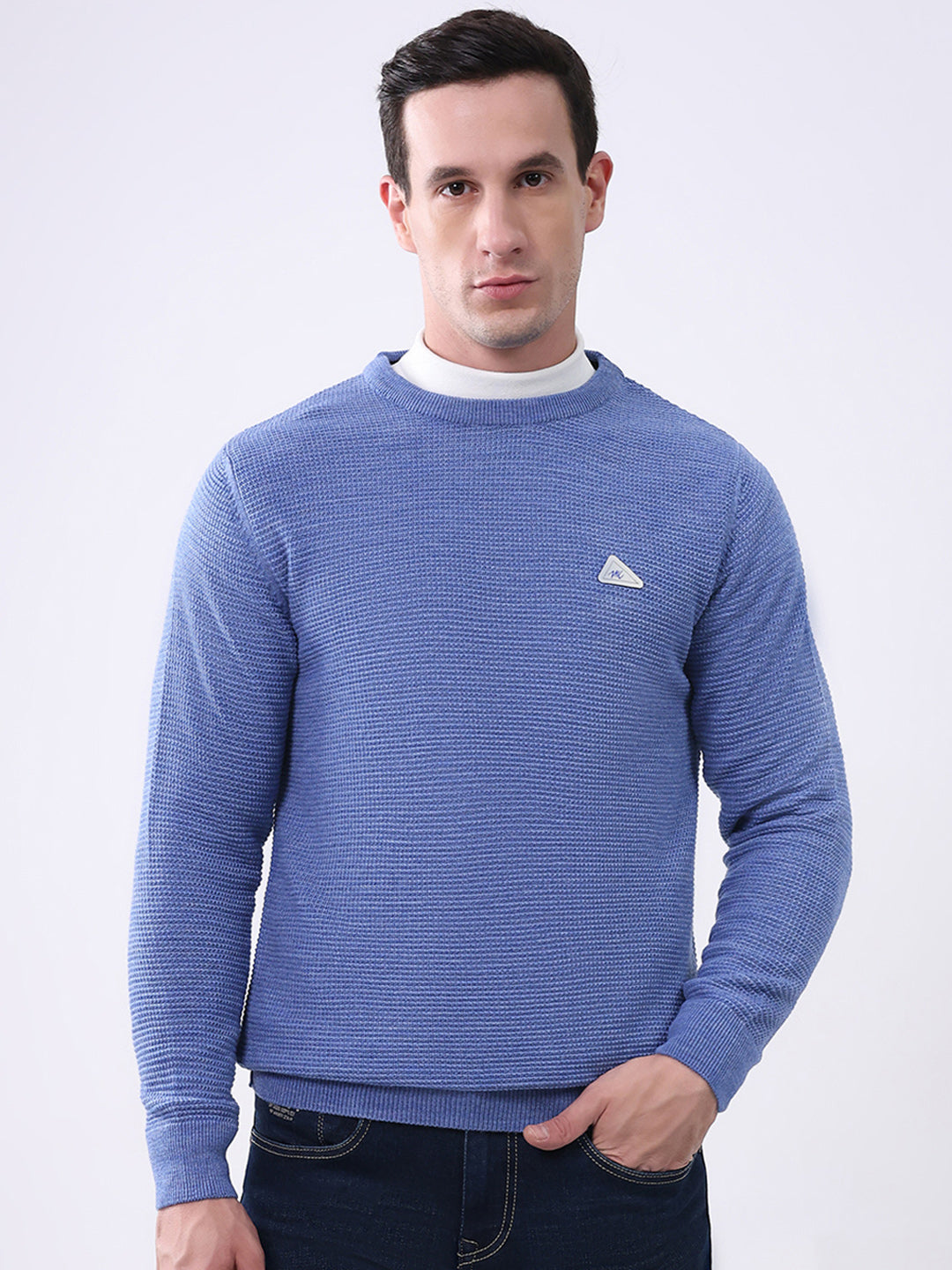 Men Blue Solid Round Neck Full Sleeve Pullover