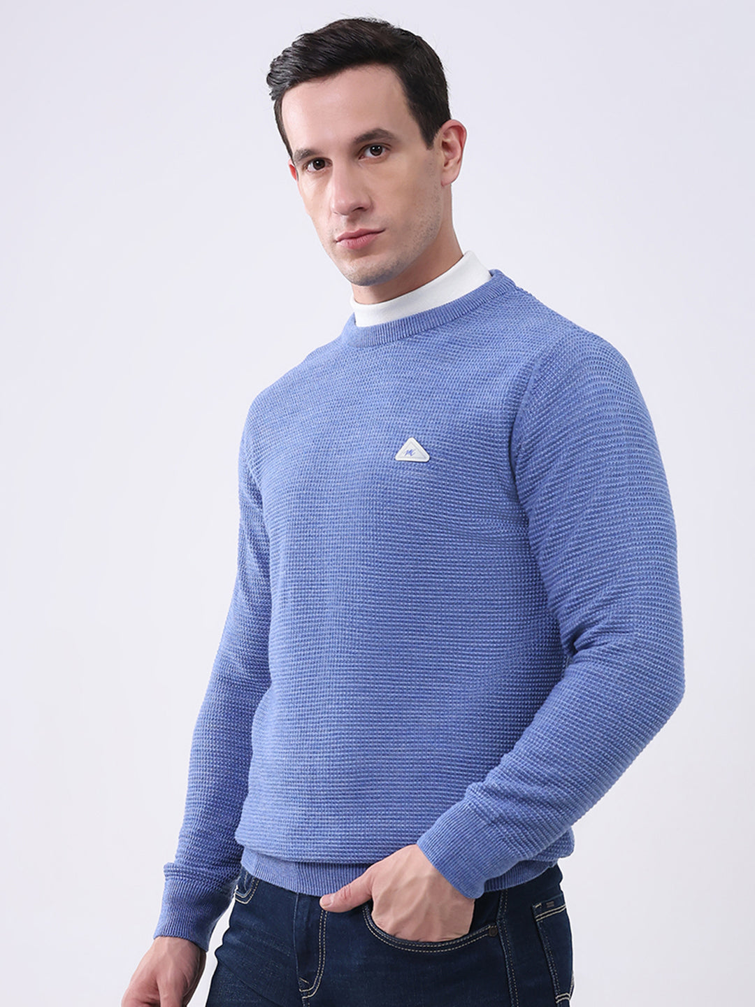 Men Blue Solid Round Neck Full Sleeve Pullover