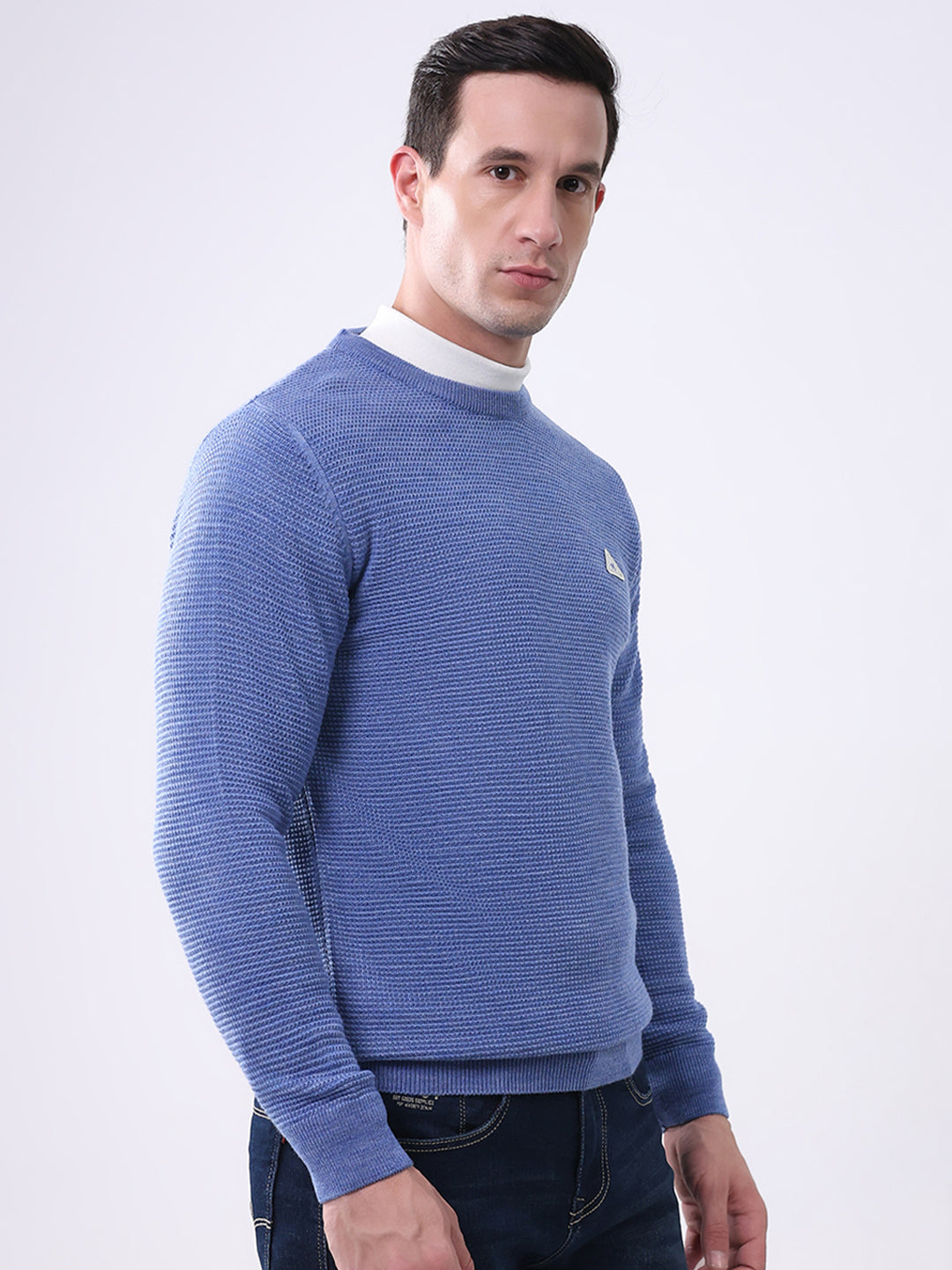 Men Blue Solid Round Neck Full Sleeve Pullover