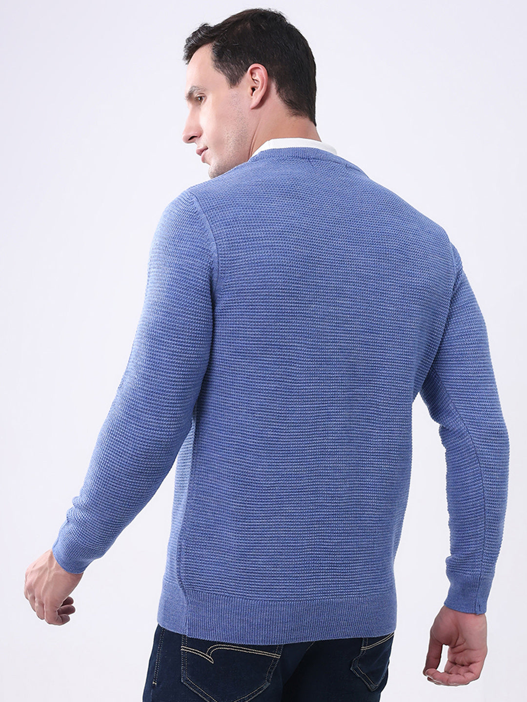 Men Blue Solid Round Neck Full Sleeve Pullover
