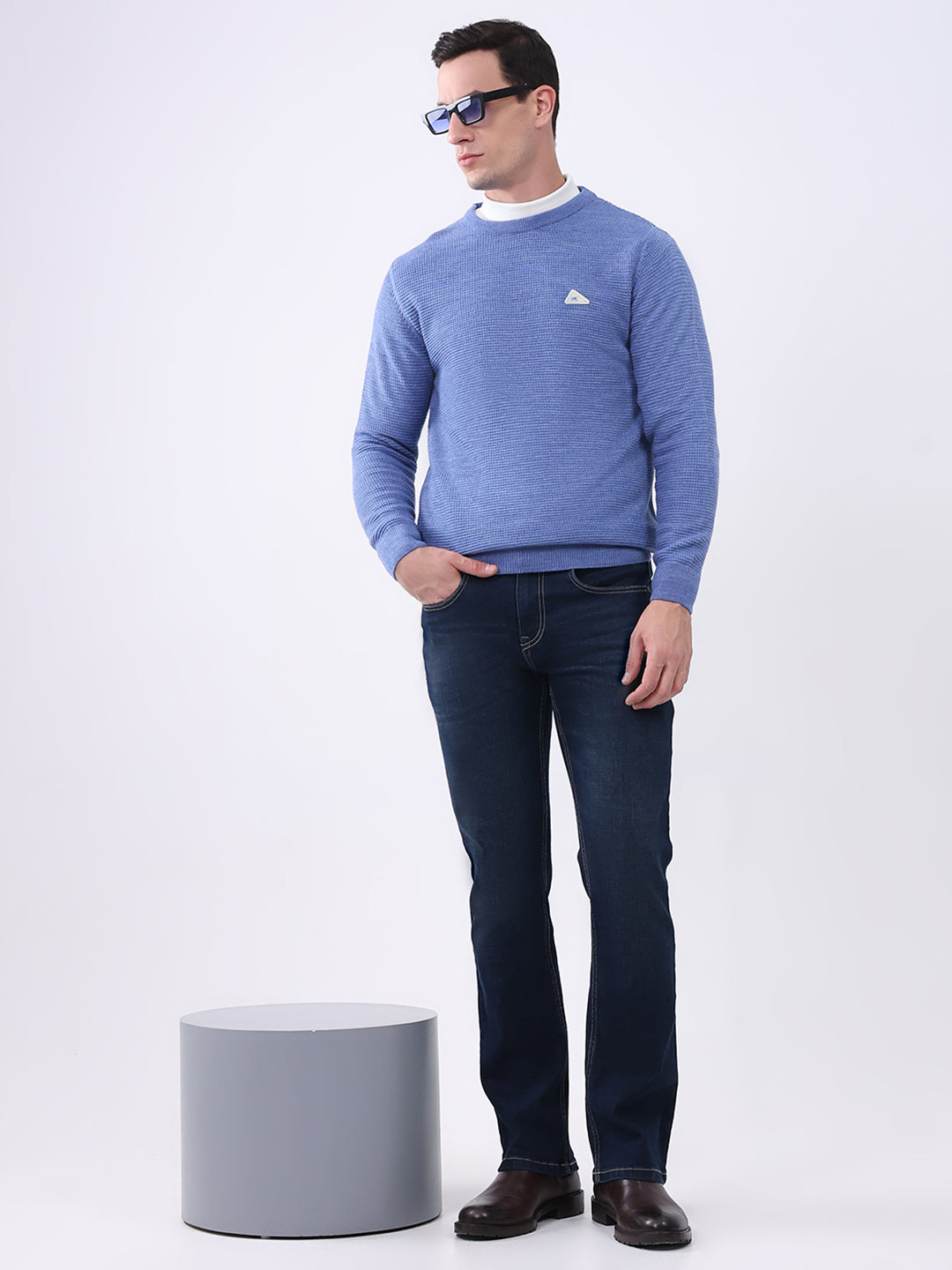 Men Blue Solid Round Neck Full Sleeve Pullover