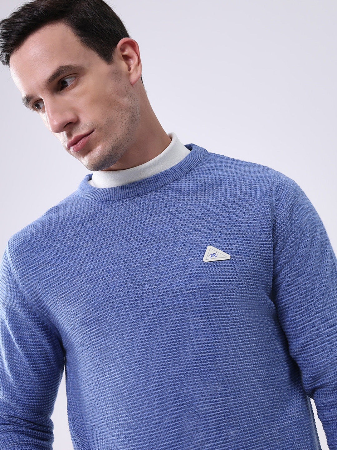 Men Blue Solid Round Neck Full Sleeve Pullover