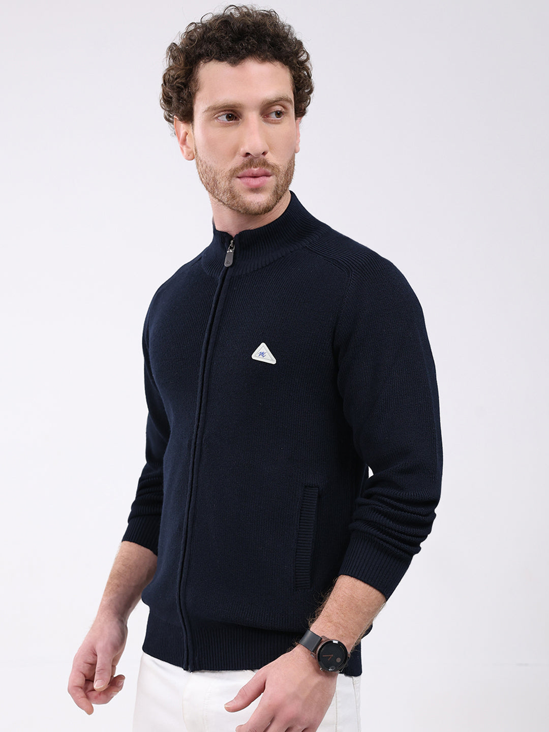 Men Navy Blue Solid Mock Neck Full Sleeve Pullover