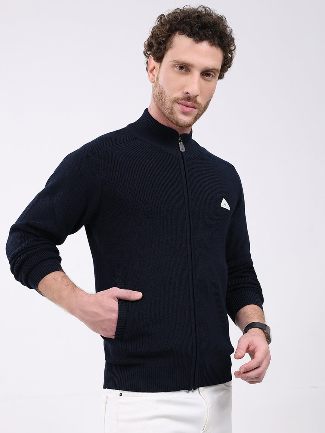 Men Navy Blue Solid Mock Neck Full Sleeve Pullover