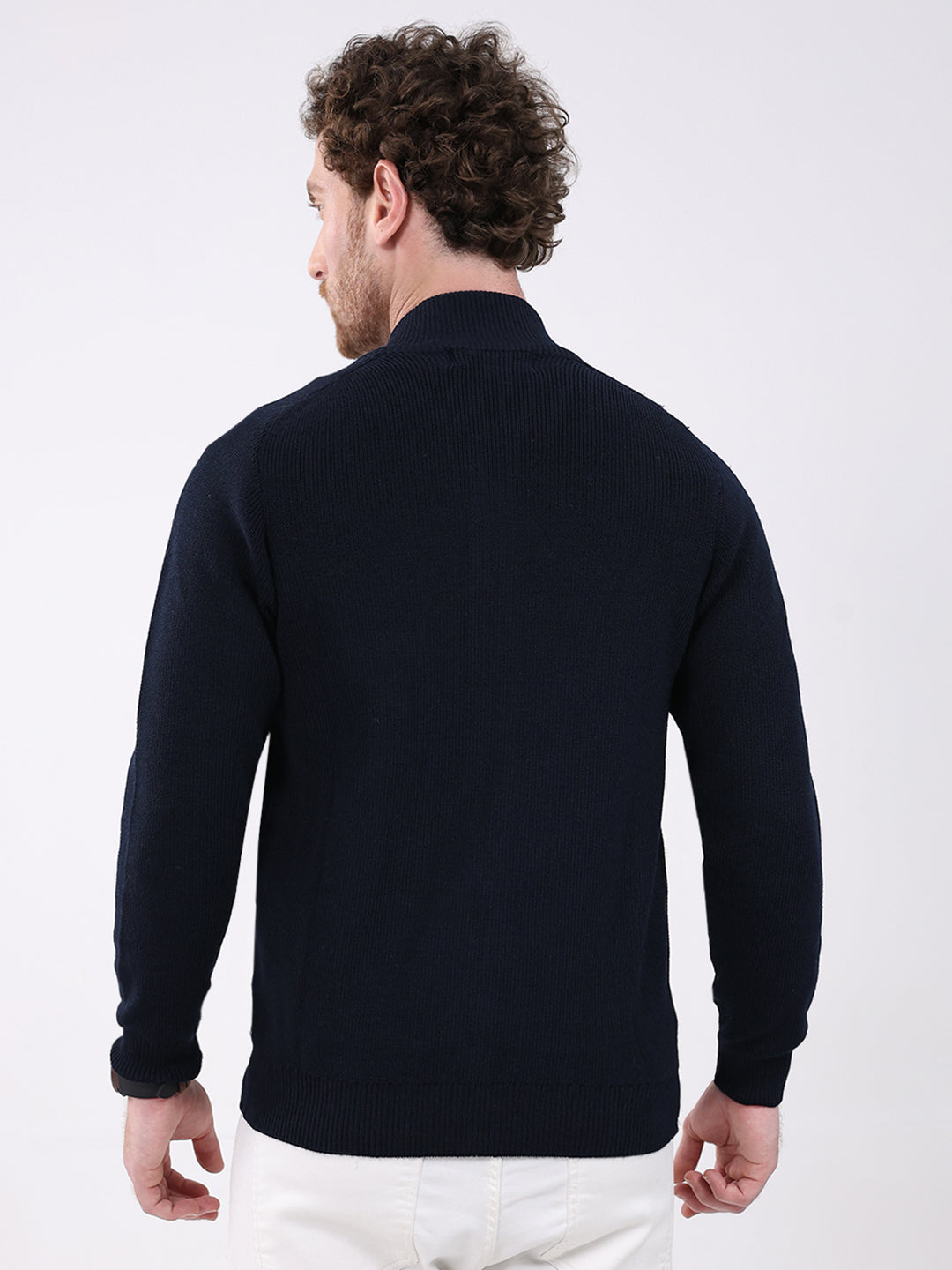 Men Navy Blue Solid Mock Neck Full Sleeve Pullover