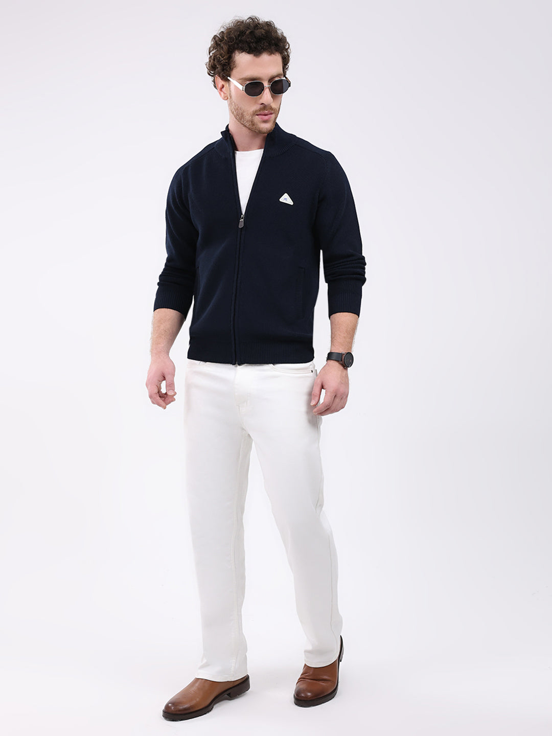 Men Navy Blue Solid Mock Neck Full Sleeve Pullover