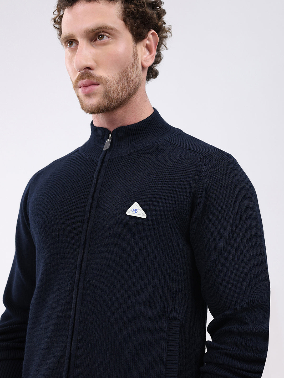 Men Navy Blue Solid Mock Neck Full Sleeve Pullover
