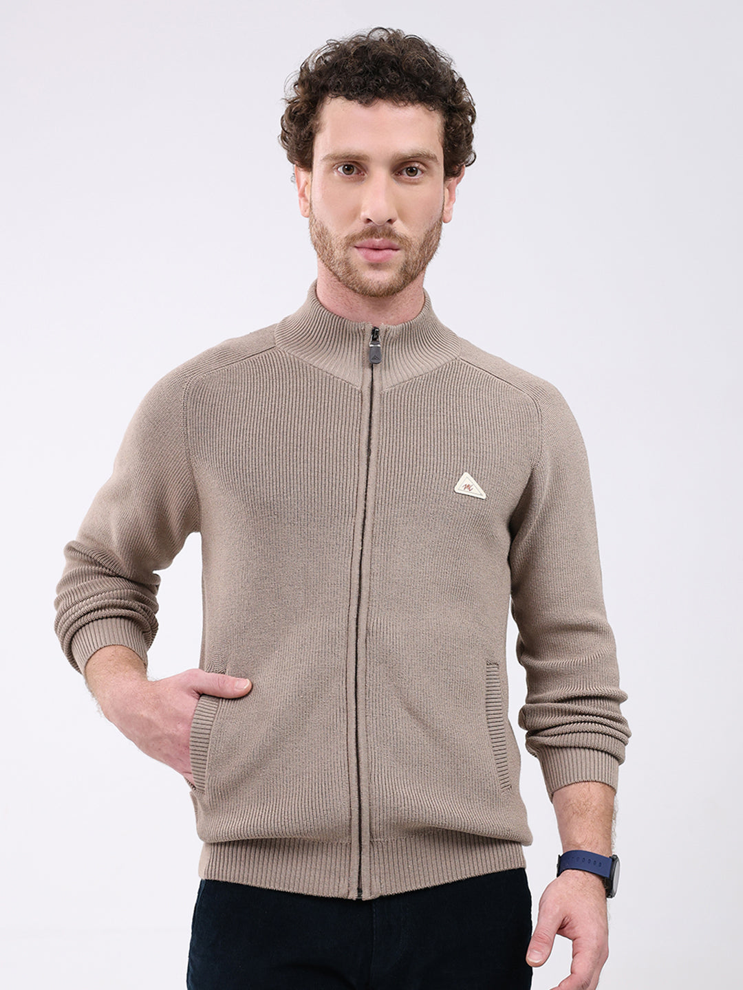 Men Brown Solid Mock Neck Full Sleeve Pullover