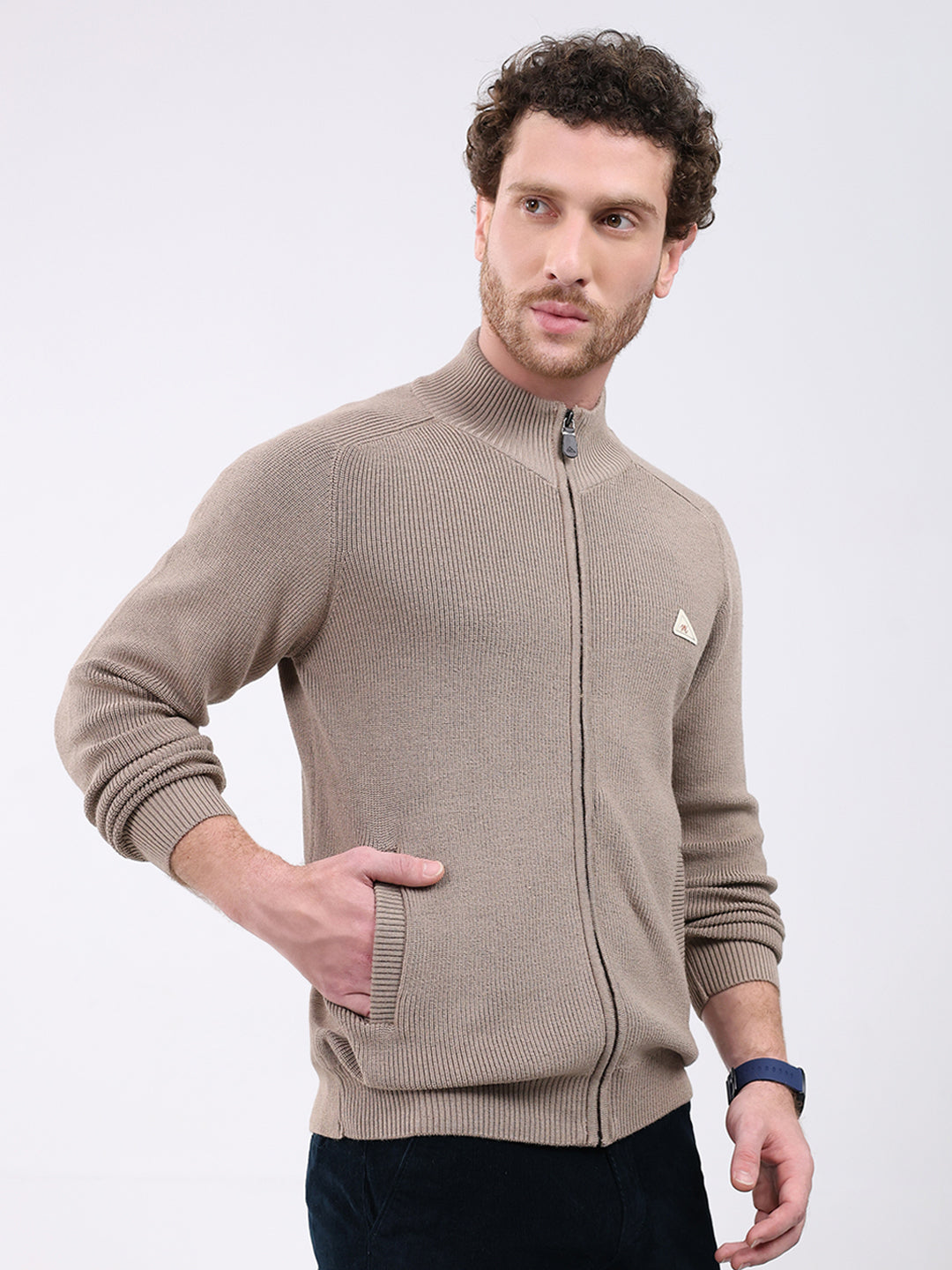 Men Brown Solid Mock Neck Full Sleeve Pullover