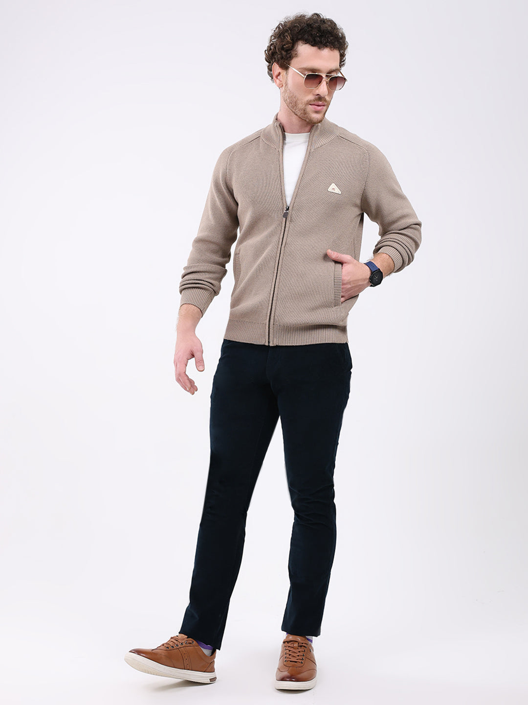 Men Brown Solid Mock Neck Full Sleeve Pullover