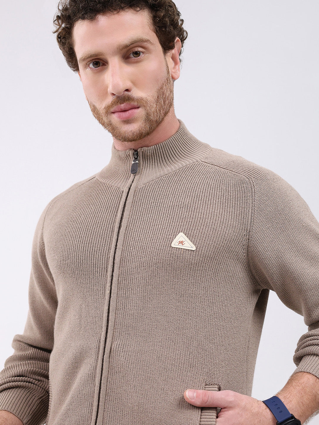 Men Brown Solid Mock Neck Full Sleeve Pullover