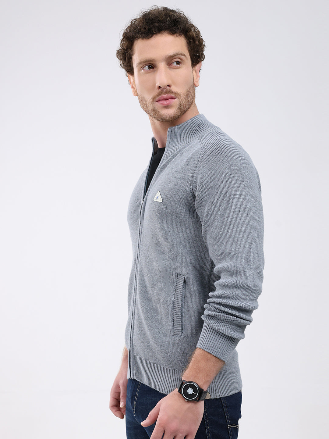 Men Grey Solid Mock Neck Full Sleeve Pullover