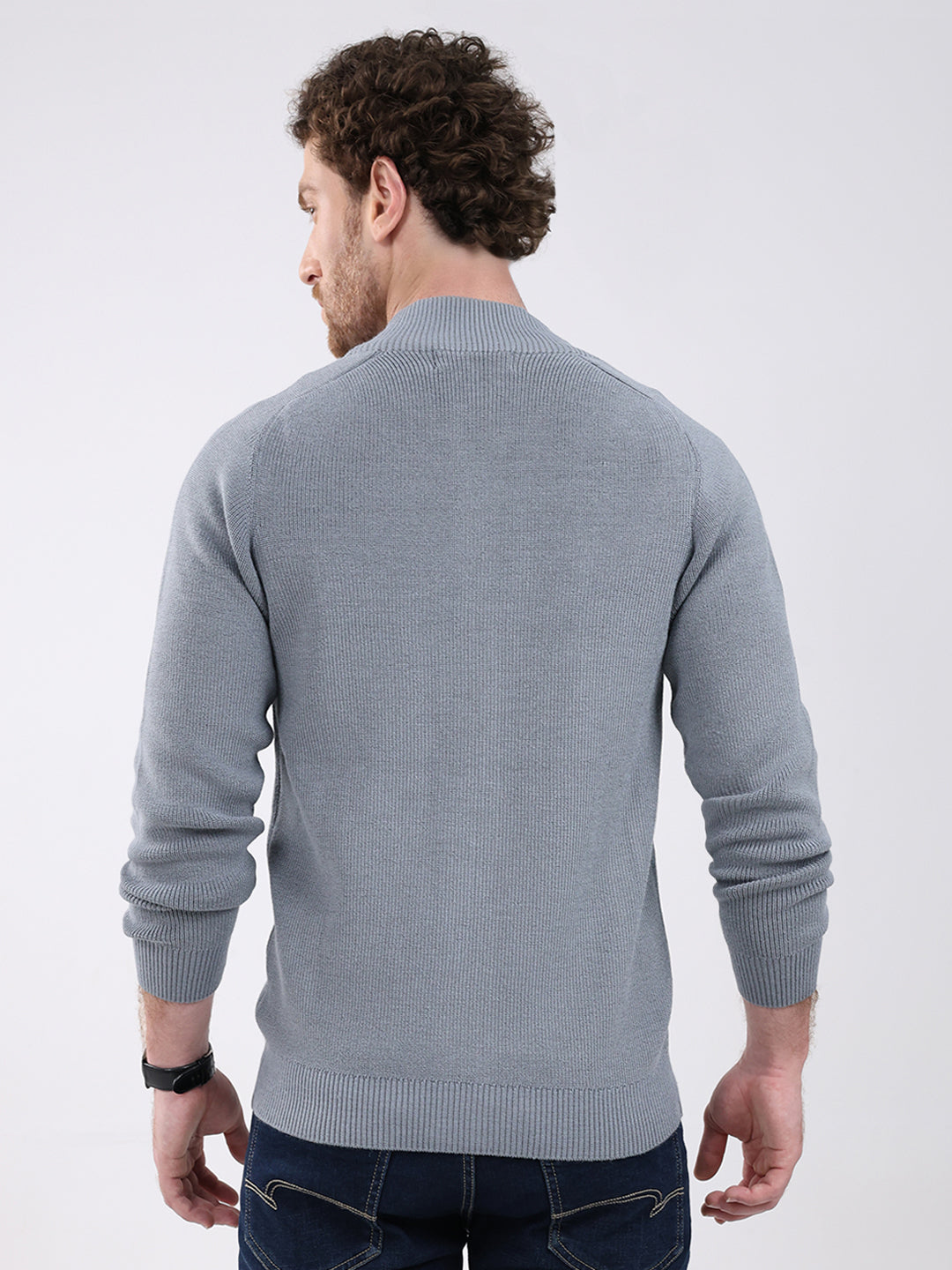 Men Grey Solid Mock Neck Full Sleeve Pullover