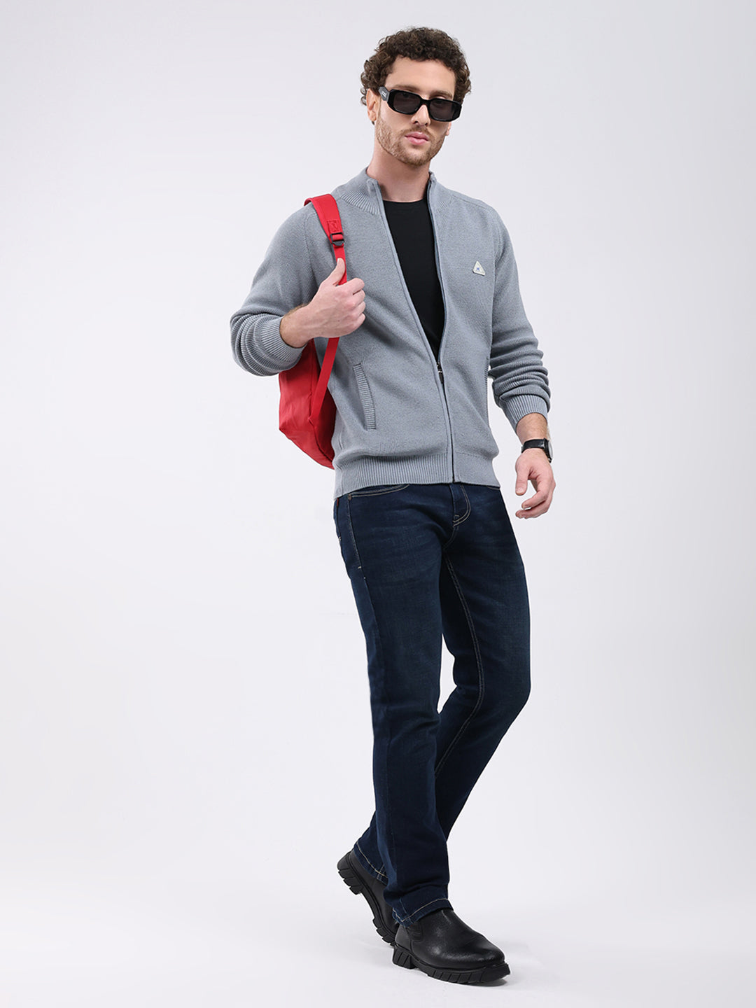 Men Grey Solid Mock Neck Full Sleeve Pullover