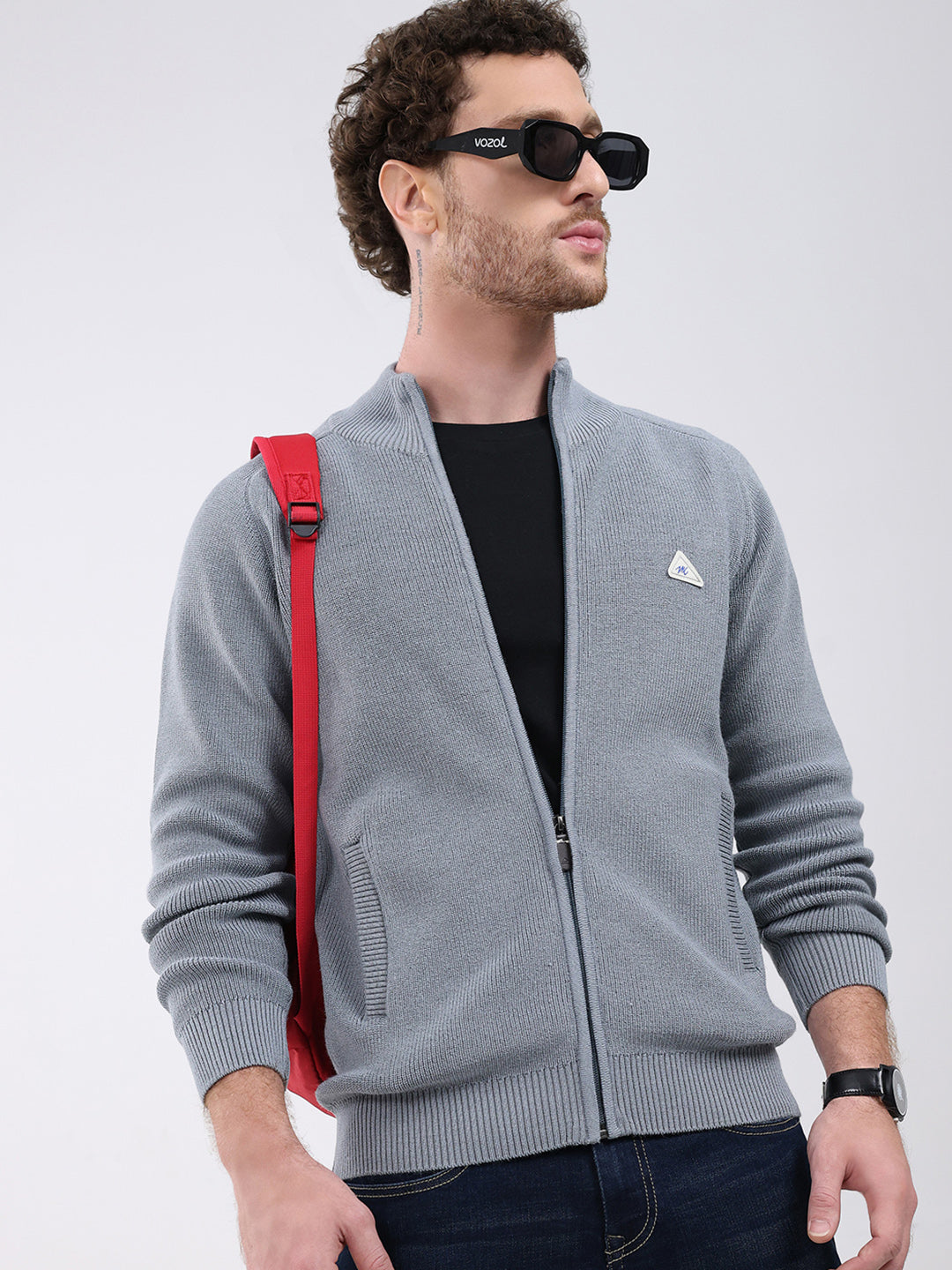 Men Grey Solid Mock Neck Full Sleeve Pullover