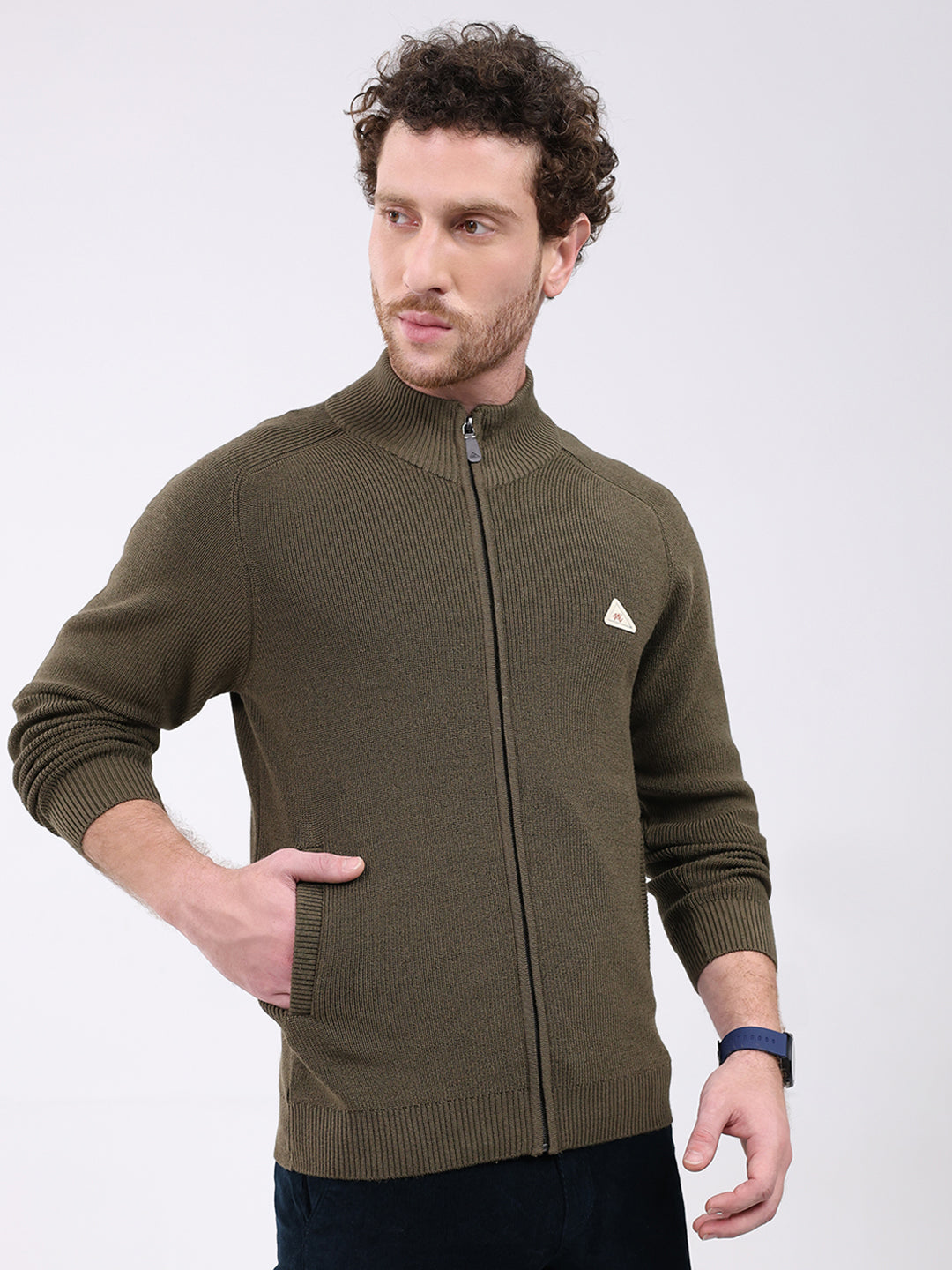 Men Green Solid Mock Neck Full Sleeve Pullover