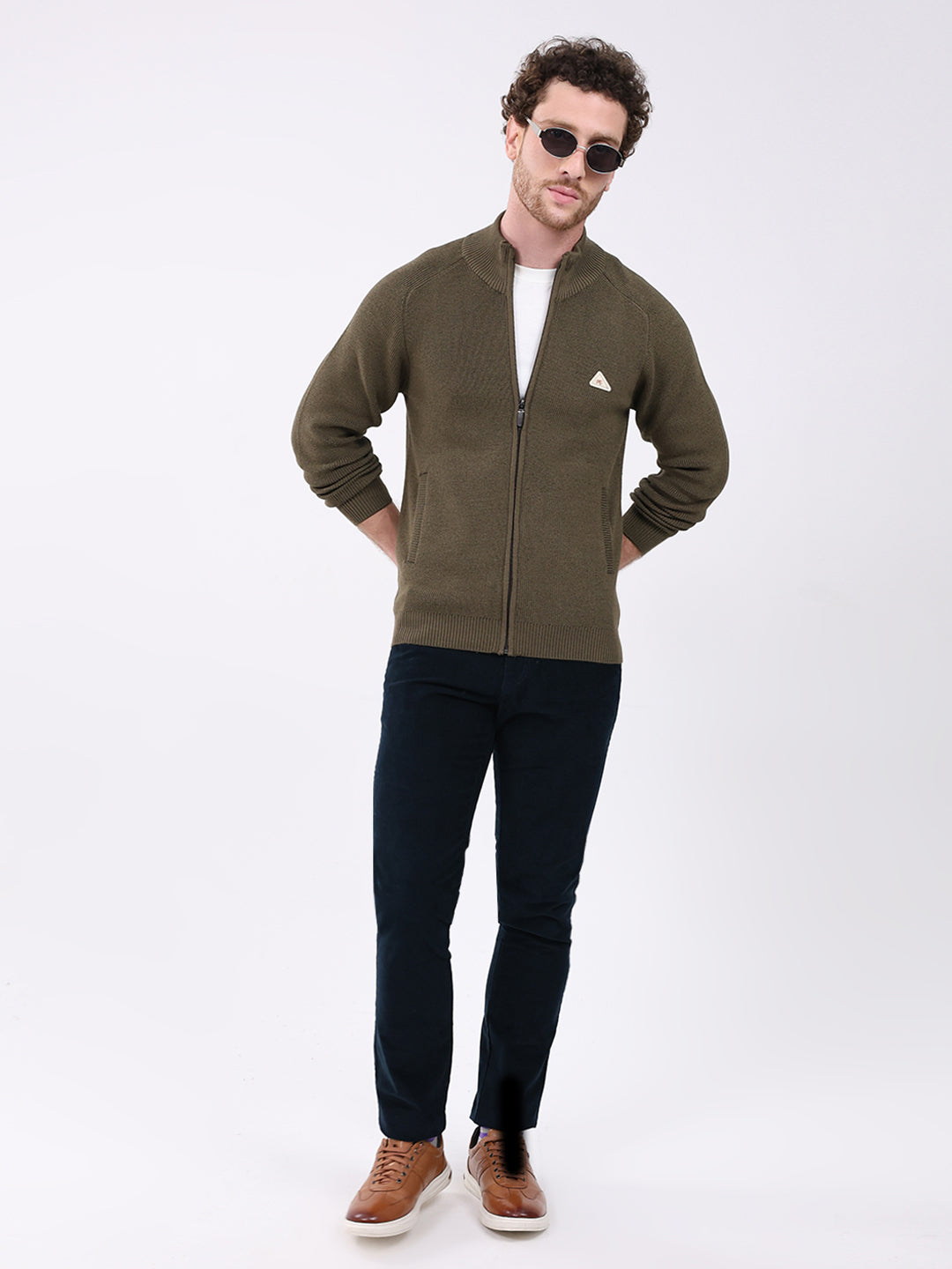 Men Green Solid Mock Neck Full Sleeve Pullover