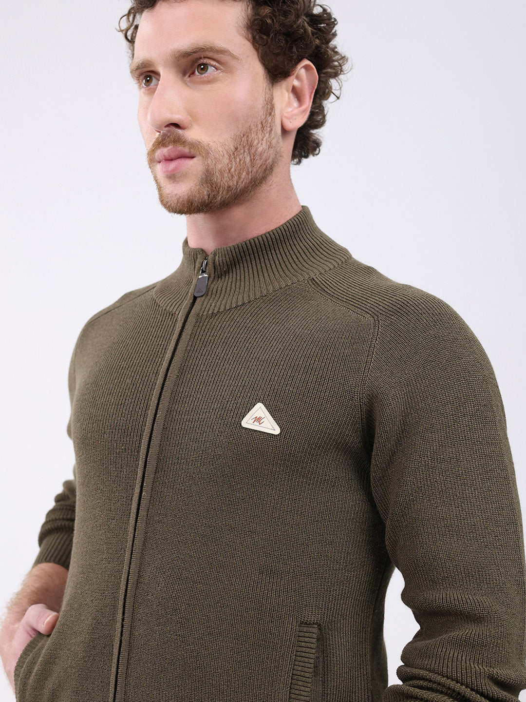 Men Green Solid Mock Neck Full Sleeve Pullover