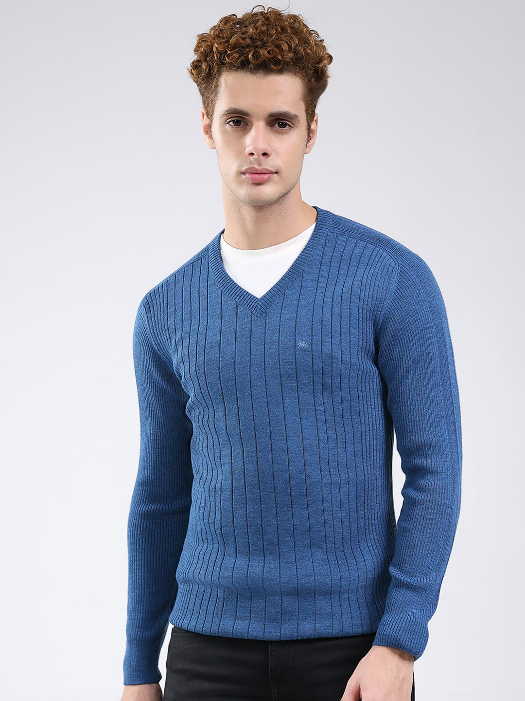 Men Blue Solid V Neck Full Sleeve Pullover