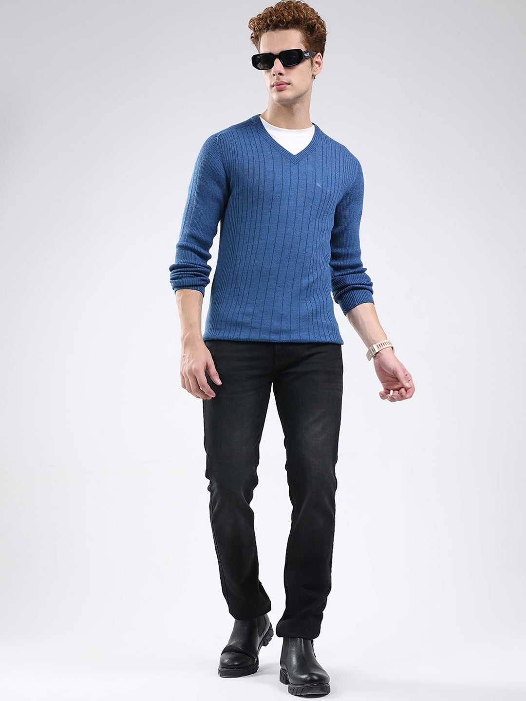 Men Blue Solid V Neck Full Sleeve Pullover