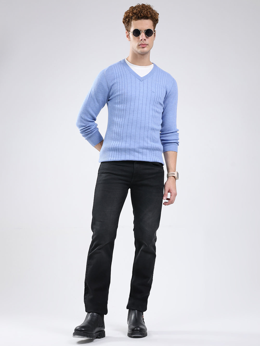 Men Blue Solid V Neck Full Sleeve Pullover