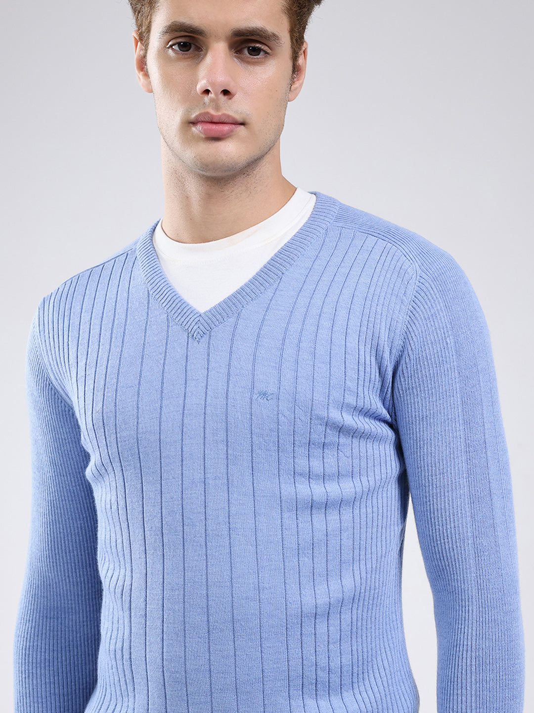 Men Blue Solid V Neck Full Sleeve Pullover