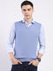 Men Blue Solid V Neck Sleeveless Sweater
