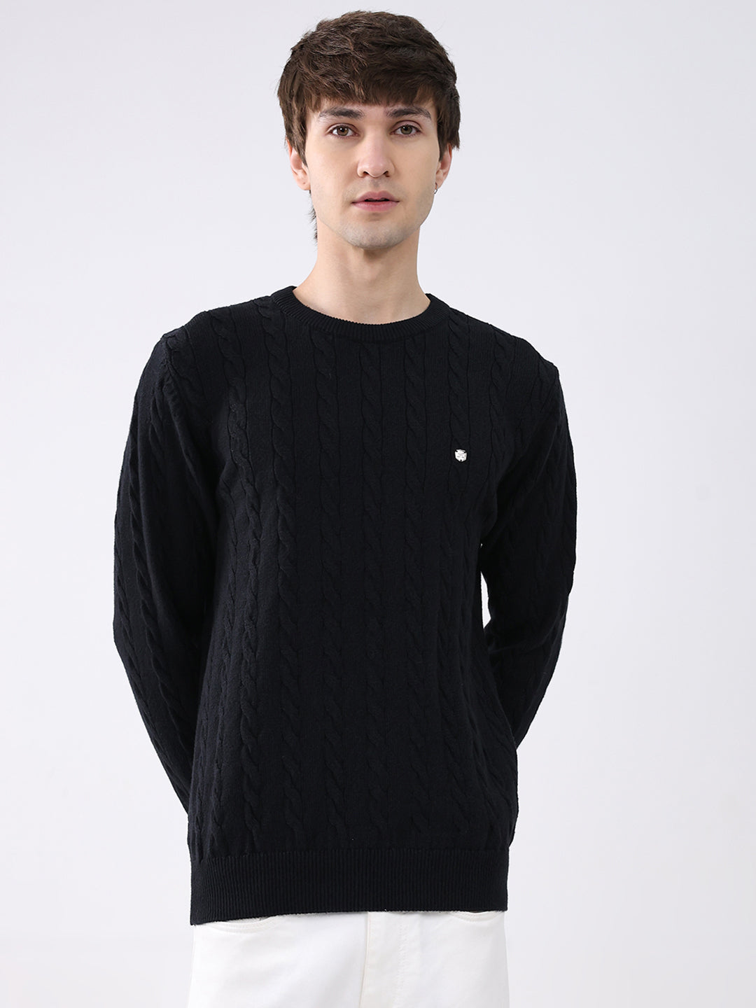 Men Black Solid Round Neck Full Sleeve Pullover