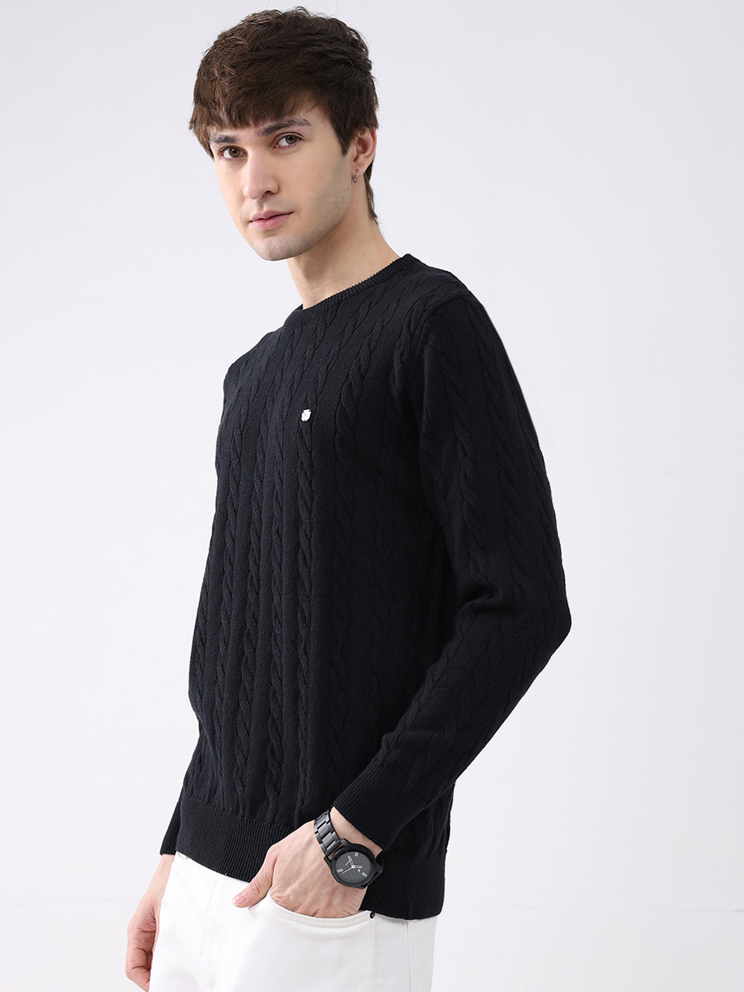 Men Black Solid Round Neck Full Sleeve Pullover