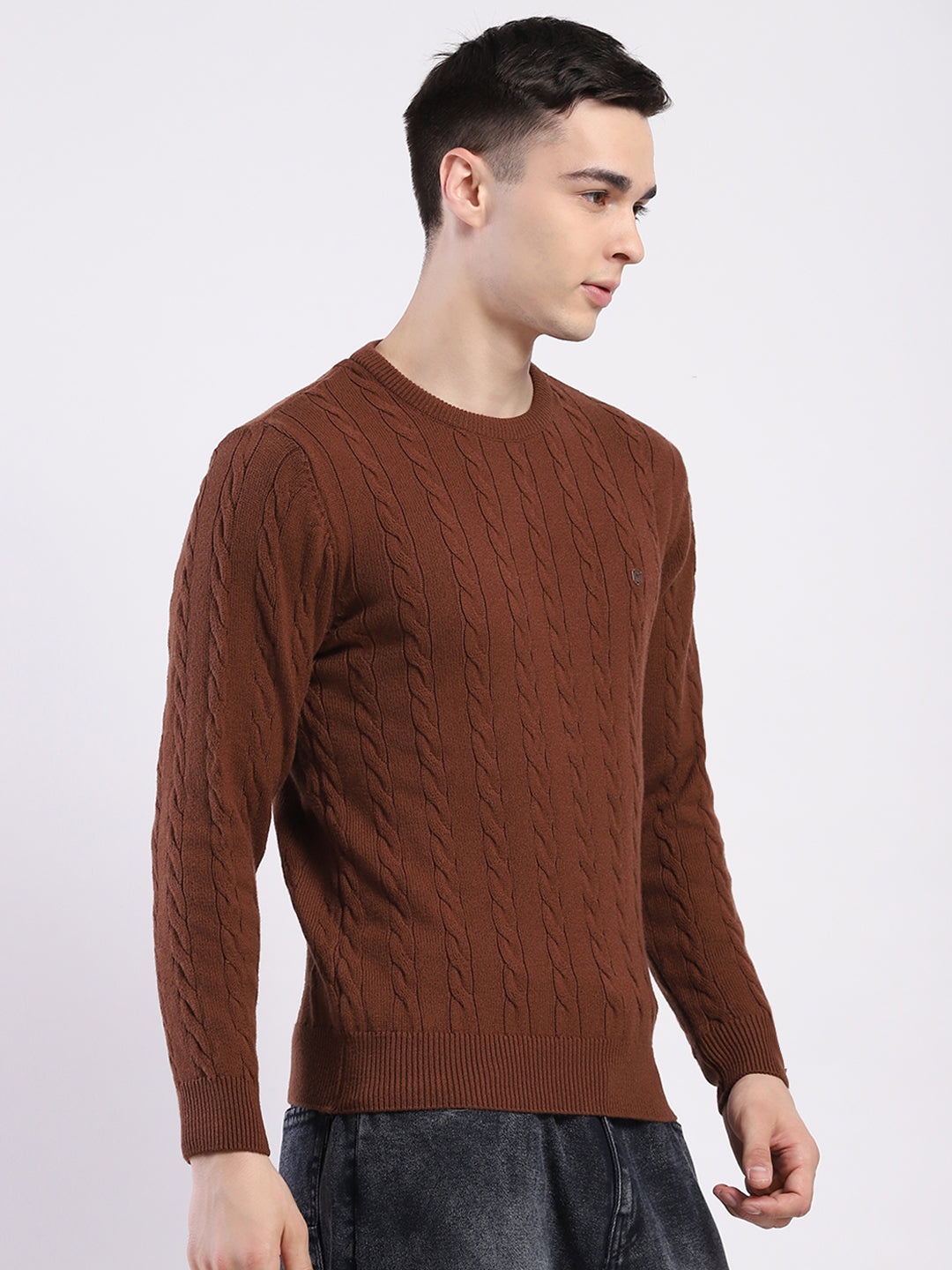 Men Brown Solid Round Neck Full Sleeve Pullover