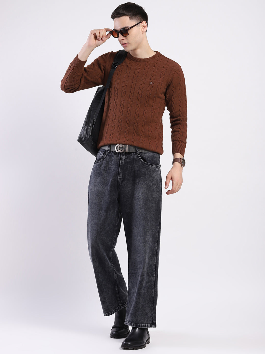 Men Brown Solid Round Neck Full Sleeve Pullover