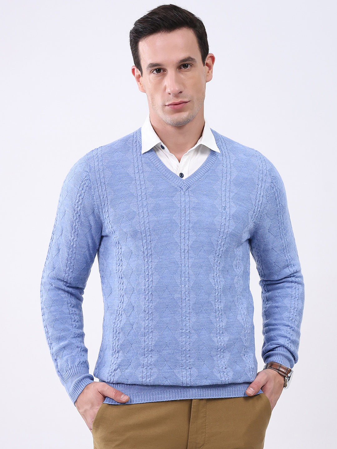 Luxuria Men Blue Self Design V Neck Full Sleeve Pullover