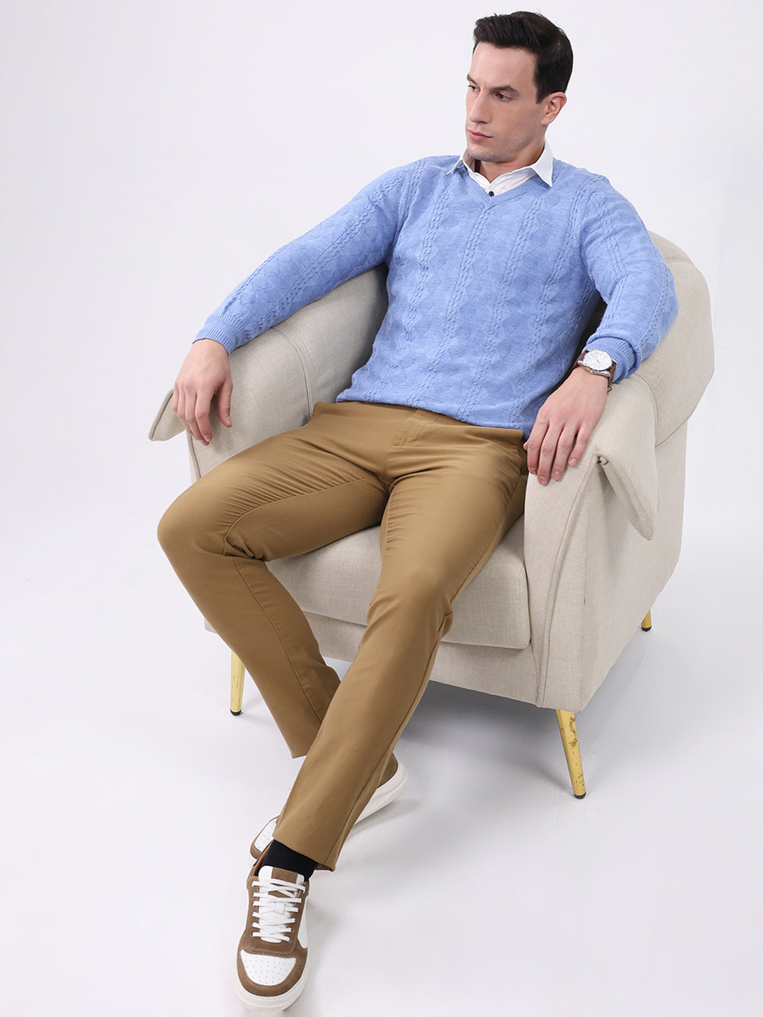 Luxuria Men Blue Self Design V Neck Full Sleeve Pullover