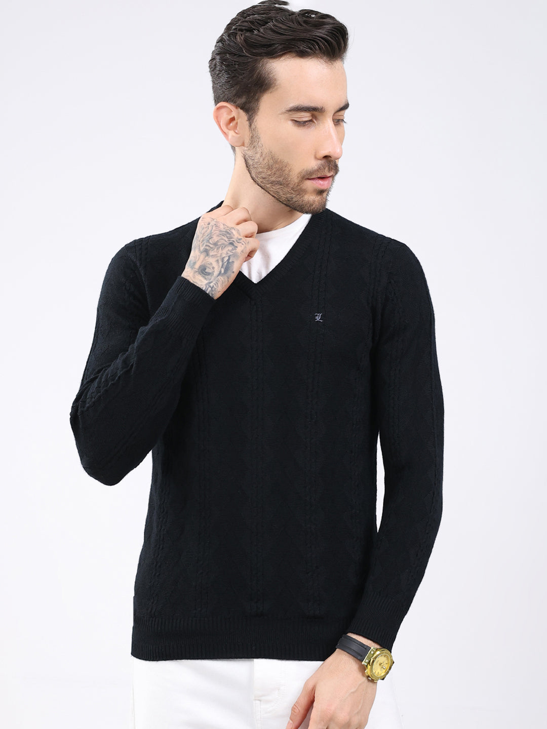 Luxuria Men Black Self Design V Neck Full Sleeve Pullover