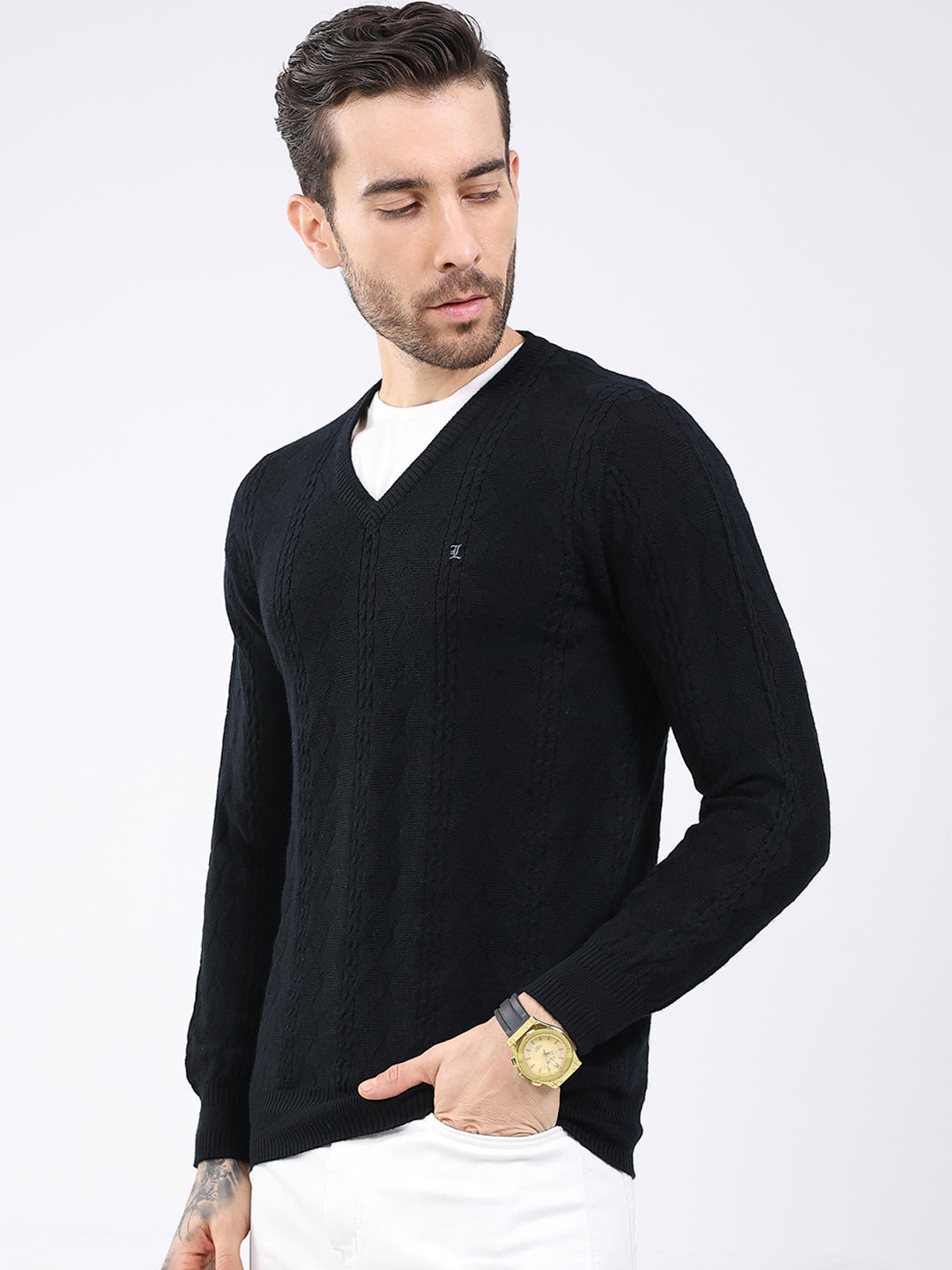 Luxuria Men Black Self Design V Neck Full Sleeve Pullover