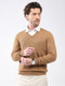 Luxuria Men Khaki Self Design V Neck Full Sleeve Pullover